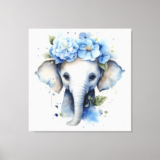 Baby Elephant - Blue Flower Krona Canvastryck