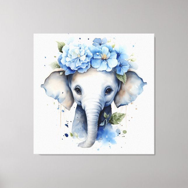 Baby Elephant - Blue Flower Krona Canvastryck (Framsida)
