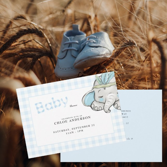 Baby Elephant Blue Gingham Baby Shower Inbjudningar (Skapare uppladdad)