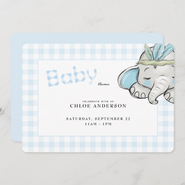 Baby Elephant Blue Gingham Baby Shower Rundad Inbjudningar (Fram/baksida)