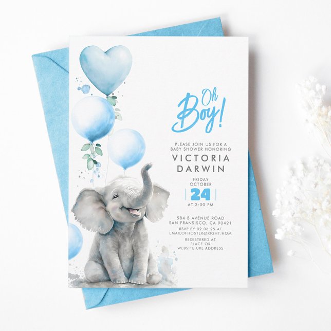 Baby Elephant Blue och Grått Cute Boy Shower Inbjudningar (Cute Blue and Grey Little Elephant Baby Shower Invitations)