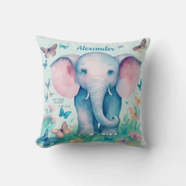 Baby Elephant Blue Personlig Födelsedatum Tid Kudde (Framsida)