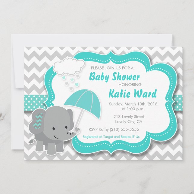 Baby Elephant Boy Baby Shower Teal Blue-inbjudan Inbjudningar (Framsida)