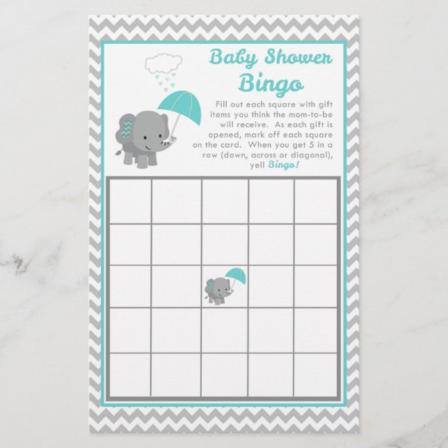 Baby Elephant Boy Shower Game Bingo Card (Framsida)