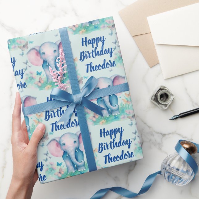Baby Elephant Boys Personlig Birthday Presentpapper (Gifting)