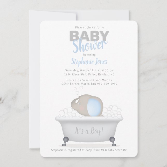 Baby Elephant Bubble Bath Boy Shower Inbjudningar (Framsida)