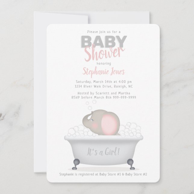 Baby Elephant Bubble Bath Girl Baby Shower Inbjudningar (Framsida)