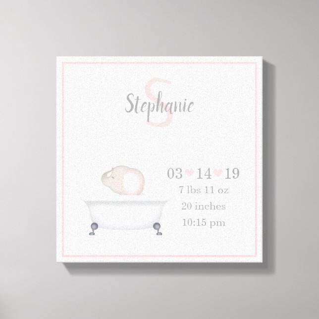 Baby Elephant Bubble Bath Girl Birth Canvastryck (Framsida)