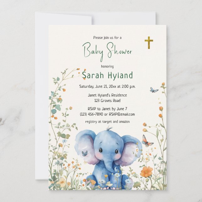 Baby Elephant & Butterflies ortodox Baby Shower Inbjudningar (Framsida)
