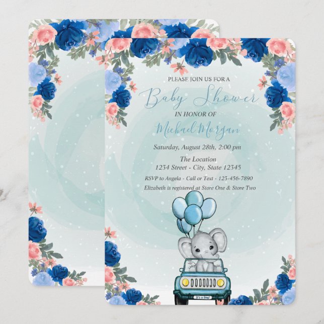 Baby Elephant Car Blommigt Baby Shower Inbjudningar (Fram/baksida)