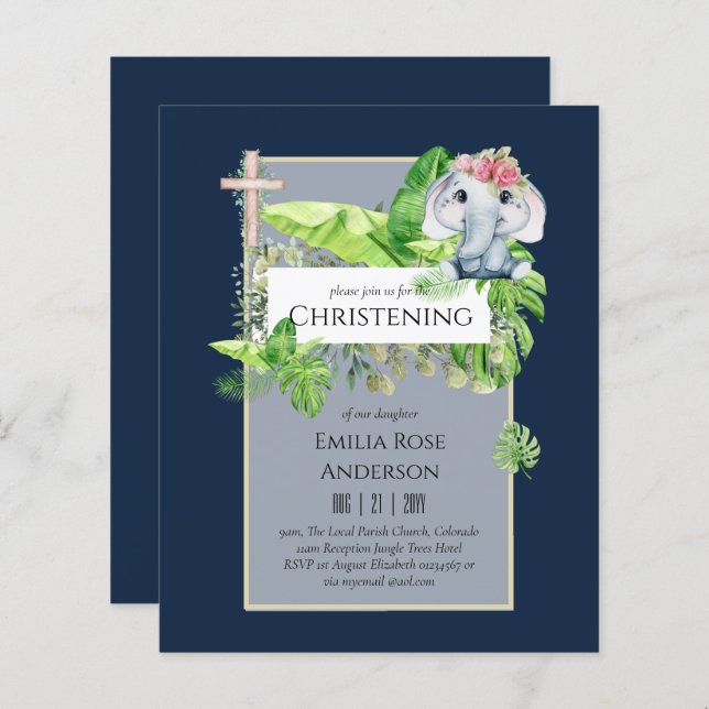 Baby Elephant CHRISTENING Inbjudan för Girls Jungl (Fram/baksida)