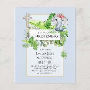 Baby Elephant CHRISTENING Inbjudan för Girls Jungl Flygblad