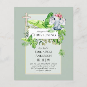 Baby Elephant CHRISTENING Inbjudan för Girls Jungl Flygblad