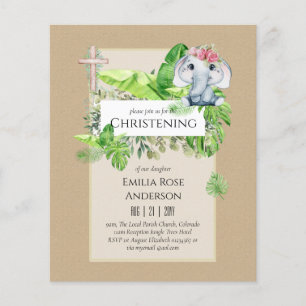Baby Elephant CHRISTENING Inbjudan för Girls Jungl Flygblad