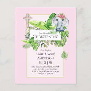 Baby Elephant CHRISTENING Inbjudan för Girls Jungl Flygblad