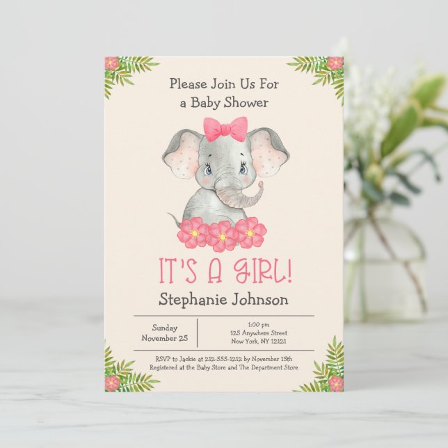 Baby Elephant Det är en tjej Zoo Theme Baby Shower Inbjudningar (Stående Fram)