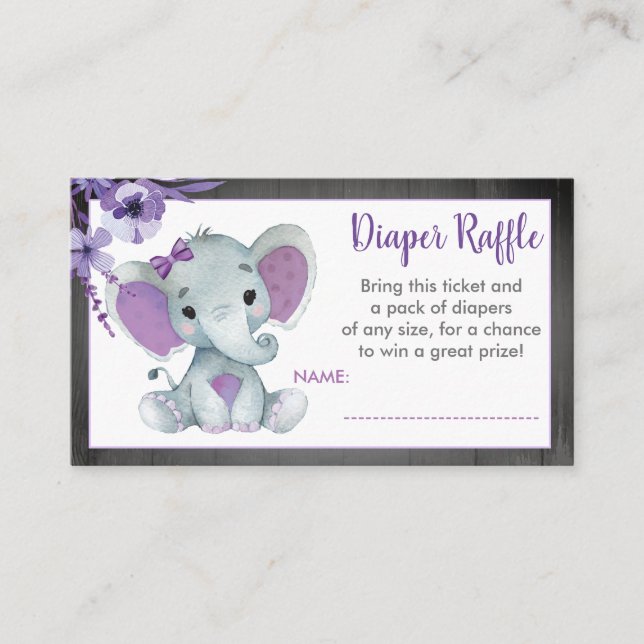 Baby Elephant Diaper raffle biljett Lila Blommigt  Tilläggskort (Framsida)
