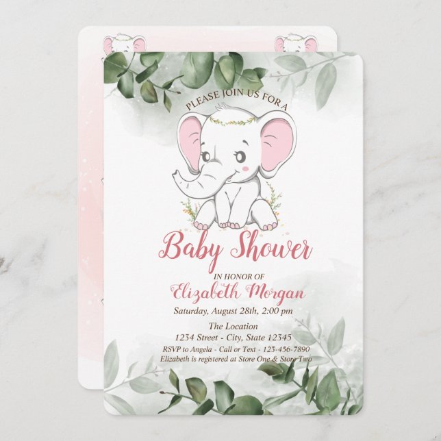 Baby Elephant,Eucalyptus Greenery Baby Shower Inbjudningar (Fram/baksida)