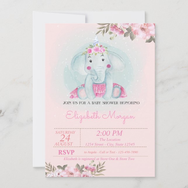 Baby Elephant, FloralCrown Baby Shower Inbjudningar (Framsida)