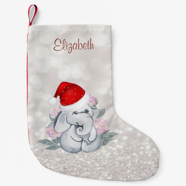 Baby Elephant Flowers, Santa Hat, Glittery Bokeh Liten Julstrumpa (Framsidan)