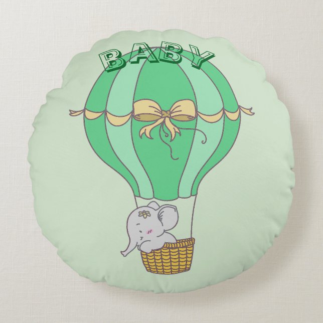Baby Elephant Flying in Balloon Gender Neutral  Rund Kudde (Framsidan)