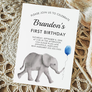 Baby Elephant Födelsedagsfest inbjudan Blue Grått