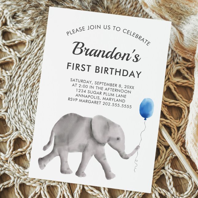 Baby Elephant Födelsedagsfest inbjudan Blue Grått (Skapare uppladdad)