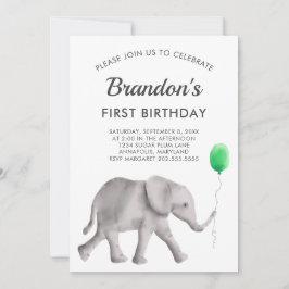 Baby Elephant Födelsedagsfest inbjudan, Grönt Inbjudningar