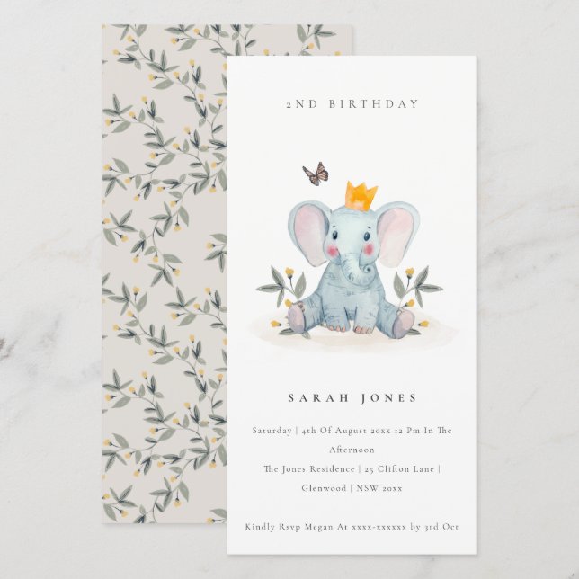 Baby Elephant Foliage any age Birthday Inbjudan (Fram/baksida)