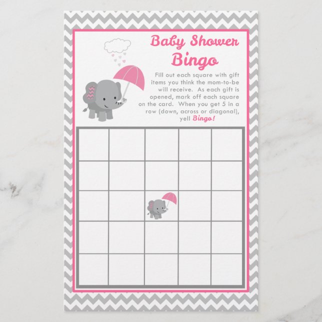 Baby Elephant Girl Baby Shower Game Bingo Card (Framsida)