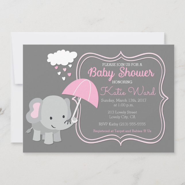 Baby Elephant Girl Baby Shower Rosa Inbjudan (Framsida)