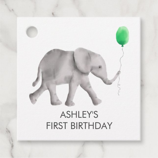 Baby Elephant Girl Birthday Gift Märkre, Grönt Gåvor Etiketter (Framsida)