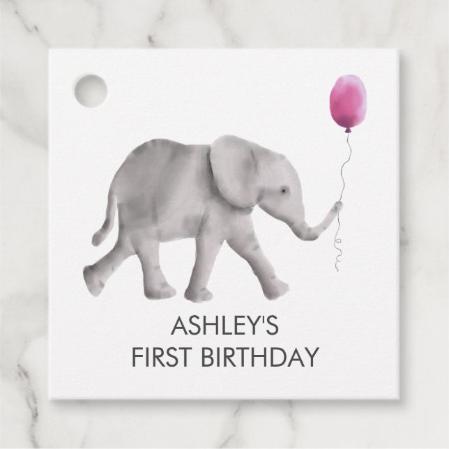 Baby Elephant Girl Birthday Gift Märkre, Rosa & Gr Gåvor Etiketter (Framsida)