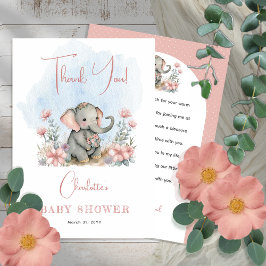 Baby Elephant Girl Blommigt Rosa Baby Shower Tack Kort