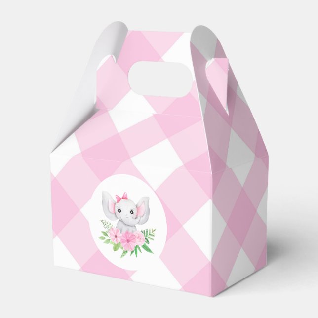 Baby Elephant Girl Favor Box Rosa Gingham Presentaskar (Framsidan Sidan)