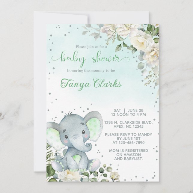 Baby elephant & green flowers girl baby shower. inbjudningar (Framsida)