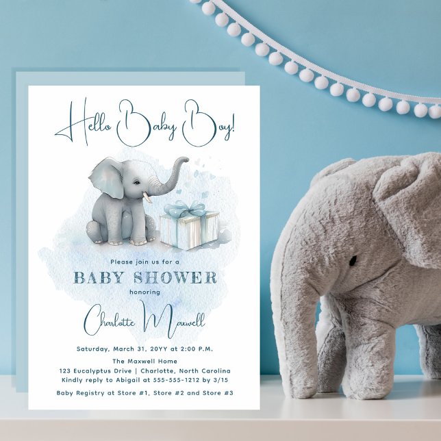 Baby Elephant Hej Pojke Blue Baby Shower Inbjudningar (Skapare uppladdad)