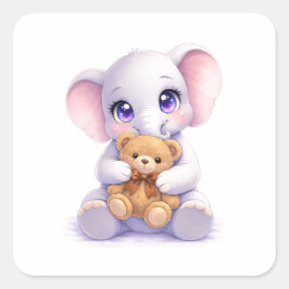 Baby Elephant Hugging Teddy Bear Square Sticker Fyrkantigt Klistermärke