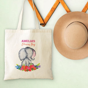 Baby Elephant i Colorful Flowers Kids Bibliotek Tygkasse