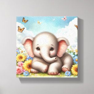 Baby Elephant i Flowers Canvastryck
