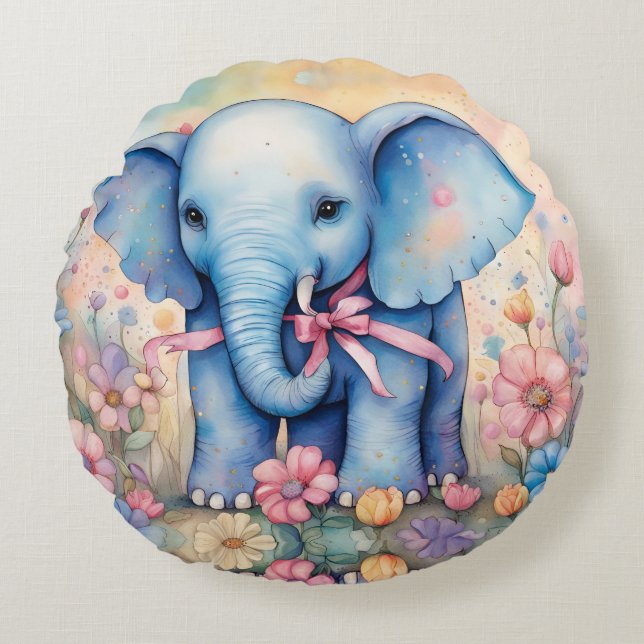 Baby Elephant i pastel Garden Rund Kudde (Framsidan)
