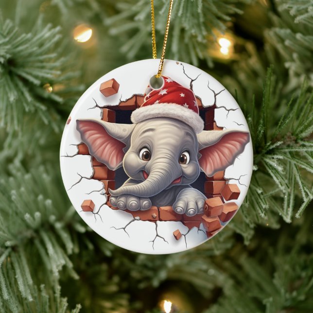 Baby Elephant i Santa Hat - 3D Julgransprydnad Keramik (Träd)