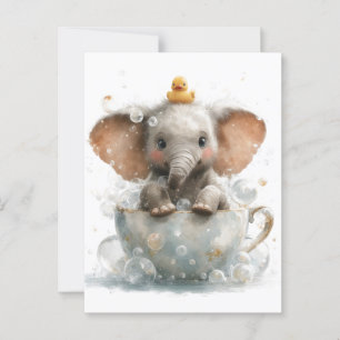 Baby Elephant i Tekopp med Rubber Anka Vykort