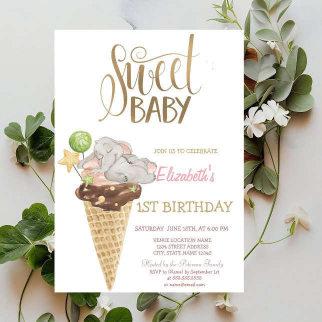 Baby Elephant Ice Cream Stripe Birthday Inbjudningar (Skapare uppladdad)