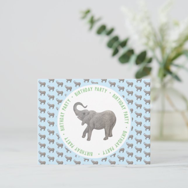 Baby Elephant Light Blue Birthday Inbjudan Vykort (Stående Fram)