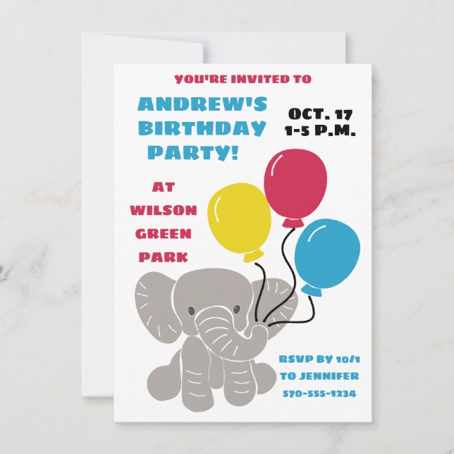 Baby Elephant med Balloons Födelsedagsfest Inbjudningar (Framsida)