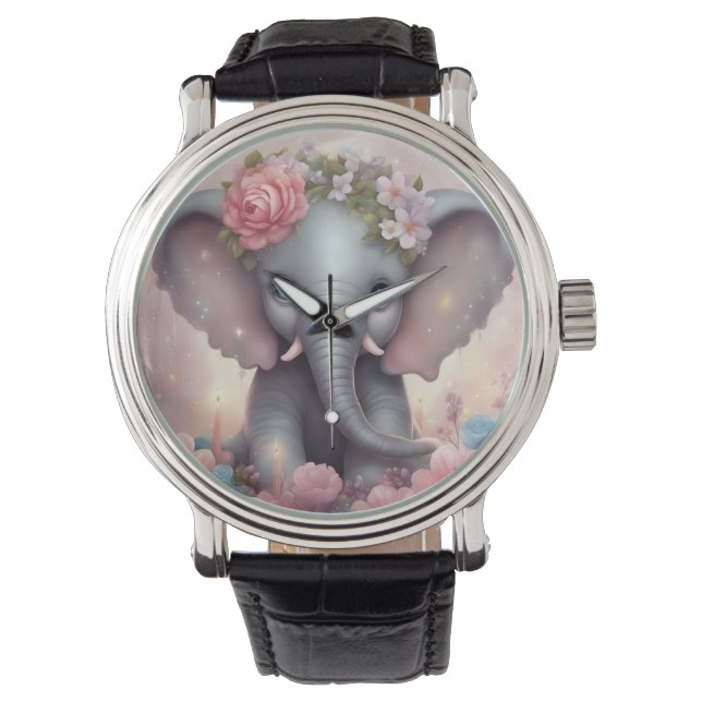 Baby Elephant med blommor Armbandsur (Framsida)