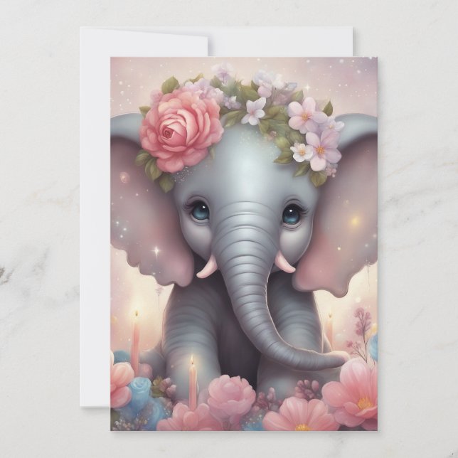 Baby Elephant med blommor Julkort (Framsida)