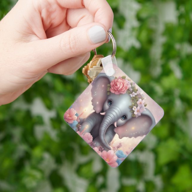 Baby Elephant med blommor Nyckelring (Hand)