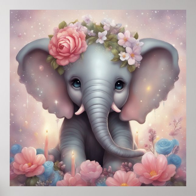 Baby Elephant med blommor Poster (Framsidan)